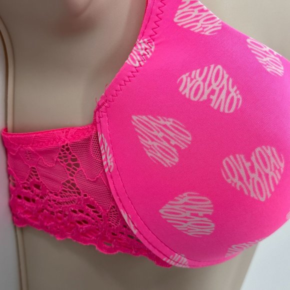 XOXO Womens Pink Heart Valentine Lace Padded Plunge Underwire Bra Sz 34C - Picture 3 of 7